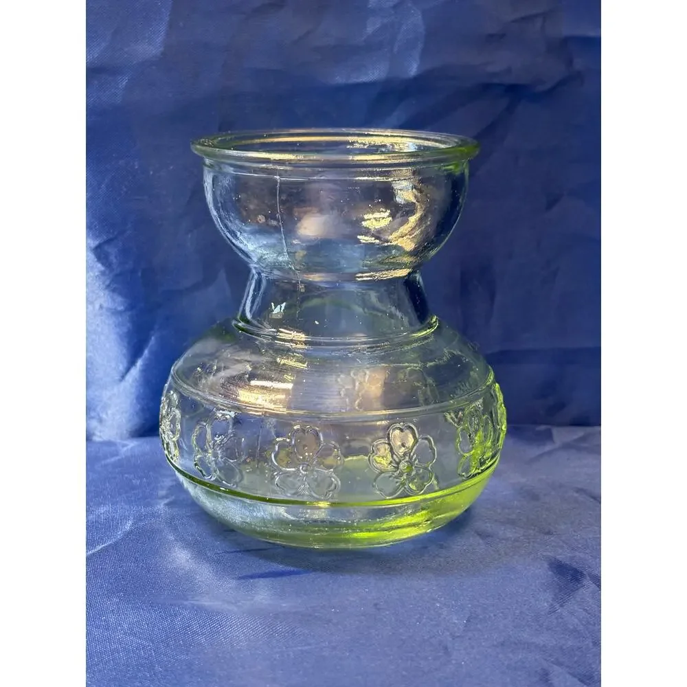 Vintage Green Tint Pressed Glass Bud Vase Accented with Flower Pattern
